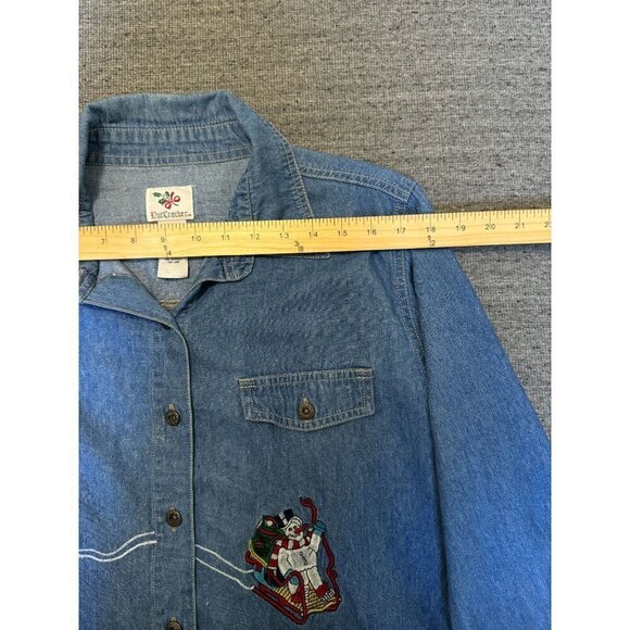 Vintage Christmas Denim Button Down Shirt Embroidered long Sleeve, Size L - Picture 6 of 10